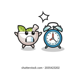 Cartoon Illustration of herbal bowl is surprised with a giant alarm clock , cute style design for t shirt, sticker, logo element