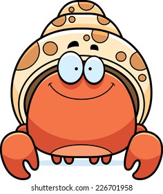 A cartoon illustration of a hermit crab smiling.