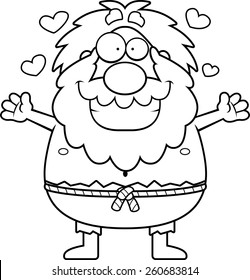 A cartoon illustration of a hermit ready to give a hug.