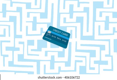 Cartoon Illustration Of Hidden Credit Card On Complex Maze