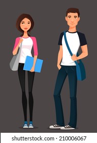 cartoon illustration of high school or university students in casual clothes. Teenage boy and girl in jeans, carrying bag.