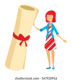 Cartoon illustration of hip girl holding a huge diploma