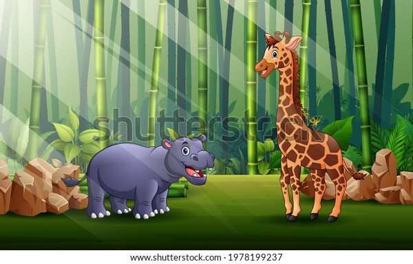 Cartoon illustration of hippo and giraffe living in the forest.