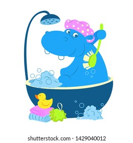 Cartoon illustration of hippopotamus taking a bath with bubbles and
lathe. Good morning, bath in the morning. Hippo takes care of its health.