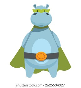Cartoon illustration of a hippopotamus wearing a superhero costume including a green mask and cape