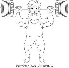 A cartoon illustration of a hipster muscular man with a mustache lifting weights