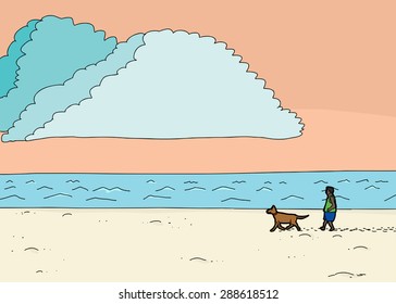 Cartoon illustration of Hispanic man walking dog at beach