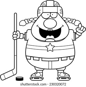 A cartoon illustration of a hockey player with an idea.