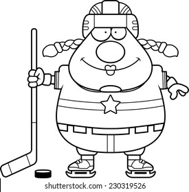 A cartoon illustration of a hockey player smiling.
