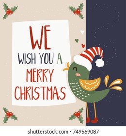 Cartoon illustration for holiday theme with bird on winter background. Greeting card for Merry Christmas and Happy New Year. Vector illustration