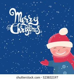 Cartoon illustration for holiday theme with child on winter background. Greeting card for Merry Christmas and Happy New Year. Vector illustration
