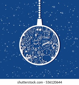 Cartoon illustration for holiday theme with christmas tree ball on winter background. Greeting card for Merry Christmas and Happy New Year. Vector illustration