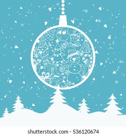 Cartoon illustration for holiday theme with christmas tree ball on winter background. Greeting card for Merry Christmas and Happy New Year. Vector illustration