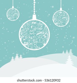 Cartoon illustration for holiday theme with christmas tree ball on winter background. Greeting card for Merry Christmas and Happy New Year. Vector illustration