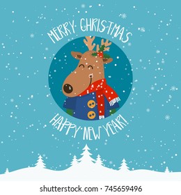Cartoon illustration for holiday theme with deer on winter background. Greeting card for Merry Christmas and Happy New Year. Vector illustration