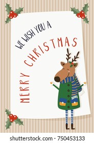 Cartoon illustration for holiday theme with deer on winter background. Greeting card for Merry Christmas and Happy New Year. Vector 