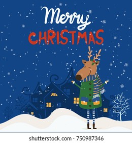 Cartoon illustration for holiday theme with deer on winter background. Greeting card for Merry Christmas and Happy New Year. Vector illustration