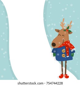 Cartoon illustration for holiday theme with deer on winter background. Greeting card for Merry Christmas and Happy New Year. Vector illustration