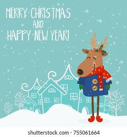 Cartoon illustration for holiday theme with deer on winter background. Greeting card for Merry Christmas and Happy New Year. Vector illustration