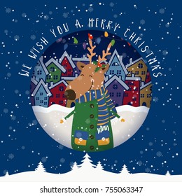 Cartoon illustration for holiday theme with deer on winter background. Greeting card for Merry Christmas and Happy New Year. Vector illustration
