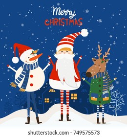 Cartoon illustration for holiday theme with deer,santa claus and snowman on winter background. Greeting card for Merry Christmas and Happy New Year. Vector
