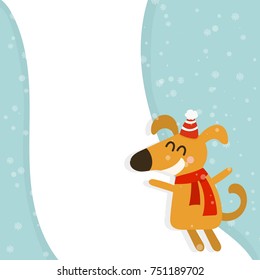 Cartoon illustration for holiday theme with dog on winter background. Greeting card for Merry Christmas and Happy New Year. Vector illustration