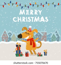 Cartoon illustration for holiday theme with dog on winter background. Greeting card for Merry Christmas and Happy New Year. Vector illustration