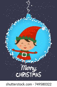 Cartoon illustration for holiday theme with elf on winter background. Greeting card for Merry Christmas and Happy New Year. Vector