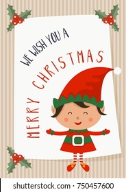 Cartoon illustration for holiday theme with elf on winter background. Greeting card for Merry Christmas and Happy New Year. Vector 