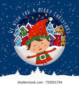 Cartoon illustration for holiday theme with elf on winter background. Greeting card for Merry Christmas and Happy New Year. Vector illustration