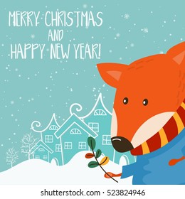Cartoon illustration for holiday theme with fox on winter background. Greeting card for Merry Christmas and Happy New Year. Vector illustration