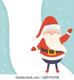 Cartoon illustration for holiday theme with happy Santa Claus on winter background with trees and snow. Greeting card for Merry Christmas and Happy New Year. Vector illustration.
