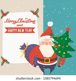 Cartoon illustration for holiday theme with happy Santa Claus on winter background with trees and snow. Greeting card for Merry Christmas and Happy New Year. Vector illustration.