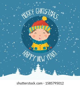 Cartoon illustration for holiday theme with happy snowman and children on winter background with trees and snow. Greeting card for Merry Christmas and Happy New Year.Vector illustration.