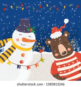 Cartoon illustration for holiday theme with happy snowman and bear on winter background with trees and snow. Greeting card for Merry Christmas and Happy New Year.Vector illustration.