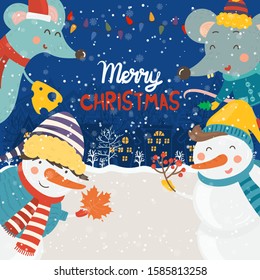 Cartoon illustration for holiday theme with happy snowman and rat on winter background with trees and snow. Greeting card for Merry Christmas and Happy New Year.Vector illustration.