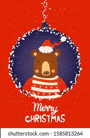 Cartoon illustration for holiday theme with happy bear on winter background with trees and snow. Greeting card for Merry Christmas and Happy New Year.Vector illustration.