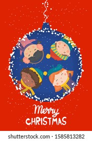 Cartoon illustration for holiday theme with happy children on winter background with trees and snow. Greeting card for Merry Christmas and Happy New Year.Vector illustration.