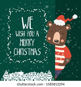 Cartoon illustration for holiday theme with happy bear on winter background with trees and snow. Greeting card for Merry Christmas and Happy New Year.Vector illustration.