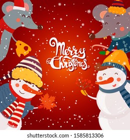 Cartoon illustration for holiday theme with happy snowman and rat on winter background with trees and snow. Greeting card for Merry Christmas and Happy New Year.Vector illustration.