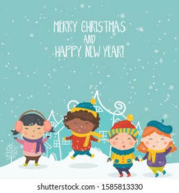 Cartoon illustration for holiday theme with happy children on winter background with trees and snow. Greeting card for Merry Christmas and Happy New Year.Vector illustration.