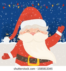 Cartoon illustration for holiday theme with happy Santa Claus on winter background with trees and snow. Greeting card for Merry Christmas and Happy New Year.Vector illustration.