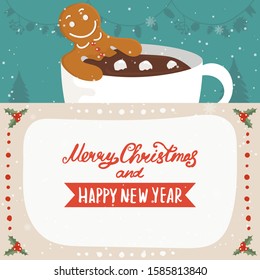Cartoon illustration for holiday theme with happy gingerbread man in the cup of hot chocolate on winter background with trees and snow. Greeting card for Merry Christmas and Happy New Year. Vector ill