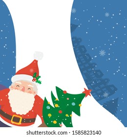 Cartoon illustration for holiday theme with happy Santa Claus on winter background with trees and snow. Greeting card for Merry Christmas and Happy New Year. Vector illustration.