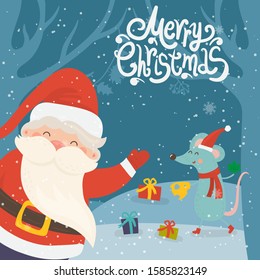 Cartoon illustration for holiday theme with happy Santa Claus and rat on winter background with trees and snow. Greeting card for Merry Christmas and Happy New Year. Vector illustration.