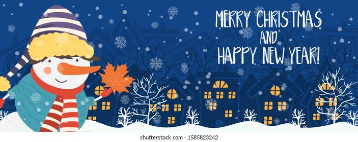 Cartoon illustration for holiday theme with happy snowman on winter background with trees and snow. Banner for Merry Christmas and Happy New Year.Vector illustration.