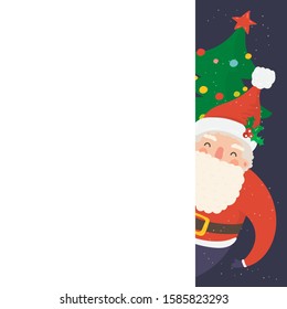 Cartoon illustration for holiday theme with happy Santa Claus on winter background with trees and snow. Greeting card for Merry Christmas and Happy New Year. Vector illustration.