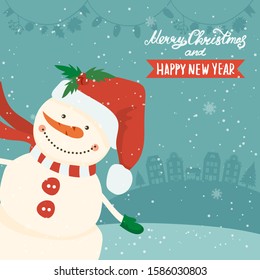 Cartoon illustration for holiday theme with happy snowman on winter background with trees and snow. Greeting card for Merry Christmas and Happy New Year. Vector illustration.
