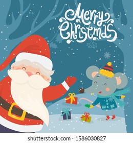 Cartoon illustration for holiday theme with happy Santa Claus and rat on winter background with trees and snow. Greeting card for Merry Christmas and Happy New Year.ector illustration.
