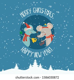 Cartoon illustration for holiday theme with happy rat,symbol of the year 2020, on winter background with trees and snow. Greeting card for Merry Christmas and Happy New Year.Vector illustration.